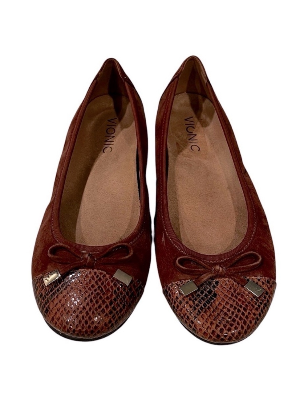 VIONIC Minna Brown Suede Snake Print Cap Toe Ballet Flat Size 6